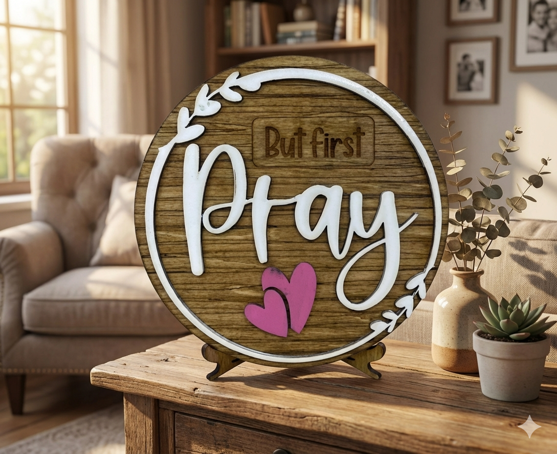 But First Pray Round Wooden Plaque